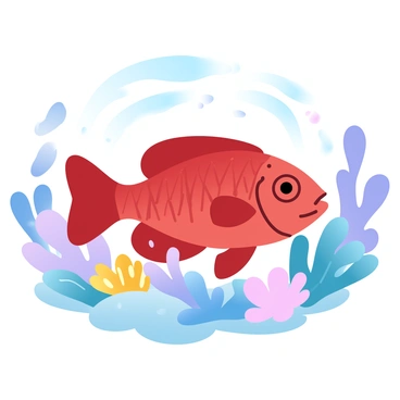 A red snapper is resting among a variety of colorful corals in a vibrant reef. The snapper is prominently positioned, showcasing its bright red scales. Surrounding the snapper are corals in shades of blue, yellow, and purple, forming a lively underwater landscape. Small fish dart around the corals, adding to the dynamic scene. Sunlight filters through the water, creating shimmering patterns above the reef.