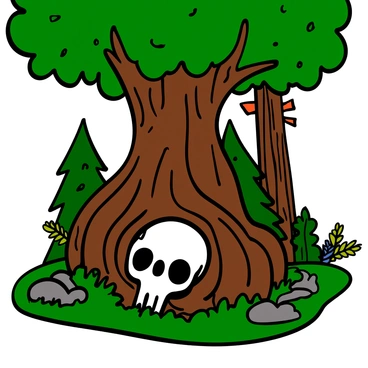 A dog skull resting among the thick, gnarled roots of a large tree in a dense forest. The roots are twisted and intertwined, creating a natural cradle for the skull. Sunlight filters through the lush green canopy above, casting dappled shadows on the ground. Surrounding the roots, there are patches of soft moss and small ferns, adding texture to the forest floor. In the background, hints of other trees with rough bark and vibrant leaves can be seen, completing the tranquil woodland setting.
