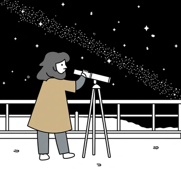 A man named Beorn, with long hair and a beard, is standing near a telescope set up on a small wooden deck. He is wearing a simple brown cloak and looking intently through the telescope. The night sky is dark and filled with numerous visible constellations, glittering stars, and the faint outline of the Milky Way stretching across the backdrop. The scene conveys a sense of wonder as Beorn explores the vastness of the universe.