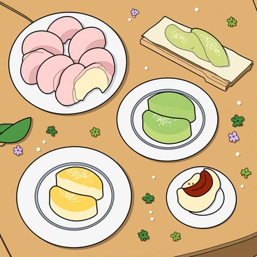 A table filled with various types of songpyeon rice cakes, beautifully arranged