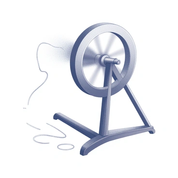 A spinning wheel is centrally positioned in the image, displaying its intricate wooden structure. The wheel is in motion, creating a sense of dynamism, with visible motion lines emphasizing the speed of rotation. Yarn is being drawn from a fiber source, trailing behind as it winds around the spindle at a fast pace. The fibers appear to be in a state of flux, capturing the active process of spinning. The surrounding area showcases a few loose strands of yarn scattered on the floor, adding to the sense of action and productivity in spinning.