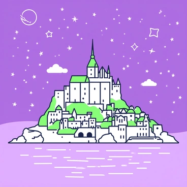 Mont Saint Michel is depicted towering majestically on a rocky island surrounded by water. The silhouette of the island is clearly defined against a starry night sky filled with countless visible stars. The abbey at the top is illuminated, showcasing its intricate architectural details and spires. Below the abbey, ancient stone buildings are clustered together, their outlines softly glowing in the moonlight. The water surrounding the island reflects the starry sky, creating a sense of tranquility and depth in the scene. A few wispy clouds drift across the sky, adding to the atmospheric effect.