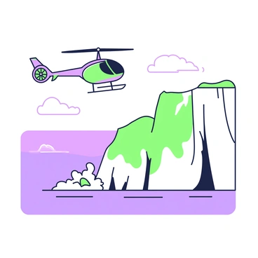 An R66 helicopter is flying above a coastal line featuring steep cliffs. The helicopter has a sleek design with a rotor blade spinning rapidly. Below, the cliffs rise sharply from the ocean, with patches of greenery scattered along the rocky surfaces. Waves crash against the base of the cliffs, creating white frothy splashes. In the distance, the horizon meets the ocean under a clear sky, emphasizing the expansive view of this scenic landscape. The helicopter appears to be surveying the area as it glides smoothly over the cliffs.