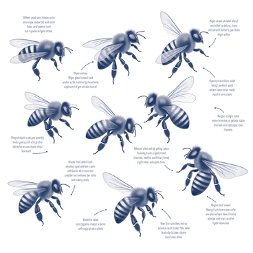 A detailed scientific illustration featuring multiple bumble bees in various poses to showcase genetic traits. Each bumble bee displays distinct markings and sizes, emphasizing diversity within the population. The background is a grid layout, providing a structured context for the illustrations. Arrows and labels point to specific traits such as wing shape, body size, and coloration patterns, with accompanying text in quotes describing each trait. The overall composition is organized to visually convey information about genetic variation among the bumble bee populations.