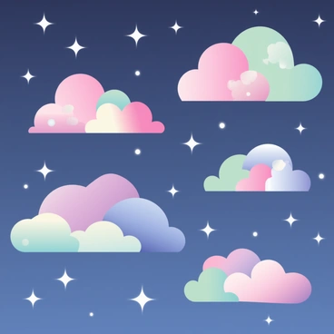 A sky filled with fluffy, pastel-colored corals resembling clouds. The corals are in shades of pink, lavender, and mint green, gently floating amidst a backdrop of deep navy blue. Surrounding the corals are numerous bright white stars twinkling softly, creating a magical atmosphere. The scene captures the surreal beauty of marine life in a celestial environment, emphasizing the delicate and vibrant nature of the corals.
