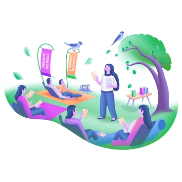 A scene depicting a poet standing in front of a small audience at an outdoor literary festival. The poet is holding a notebook and passionately reciting verses, with a gentle breeze causing some leaves to flutter from the surrounding trees. The audience, made up of a diverse group of people, sits on colorful picnic blankets and lawn chairs, captivated by the performance. In the background, there are banners displaying the words "Literary Festival" and small tables with books for sale. A few birds are perched on the branches above, adding to the lively atmosphere.