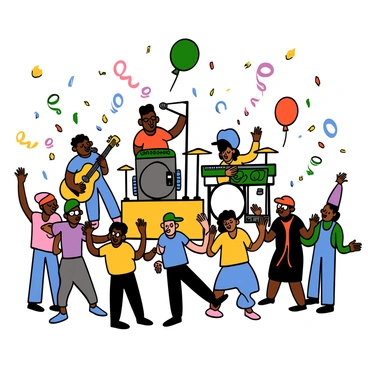 A musical band consisting of four members is performing on a small stage. The band members include a light-skinned man with short black hair playing a guitar, a dark-skinned woman with curly hair singing into a microphone, a light-skinned man with glasses playing the keyboard, and a dark-skinned man with a baseball cap on drums. In front of the stage, a diverse group of carnival-goers, wearing colorful costumes and accessories, are dancing energetically. Streamers and balloons are floating in the air, adding to the festive atmosphere of the scene.