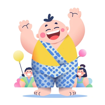 A cute cartoon mascot designed as a sumo wrestler is standing in a cheerful pose. The mascot has a round, friendly face with large, expressive eyes and a wide smile. It is wearing a traditional sumo mawashi, which is colorful and patterned, featuring bright shades of blue and yellow. The mascot's arms are raised in an enthusiastic gesture, conveying excitement. To enhance the playful atmosphere, there are colorful balloons floating in the background, and a small crowd of children can be seen in front, laughing and enjoying the event.