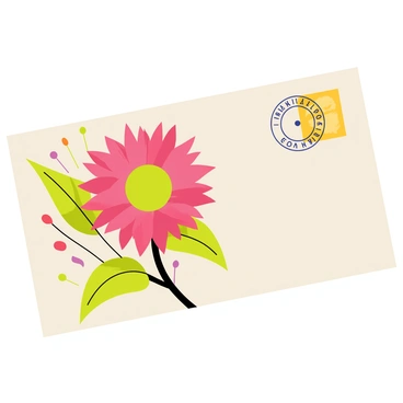 A vintage postcard with a rectangular shape, displaying a colorful illustration of a "King Protea" flower at the center. The flower features large, spiky pink petals surrounding a vibrant green center. The background is adorned with lush green leaves and softly shaded elements that complement the flower. In the corner of the postcard, there is a circular "postmark" with the date and location details clearly visible, adding an authentic touch to the overall design.
