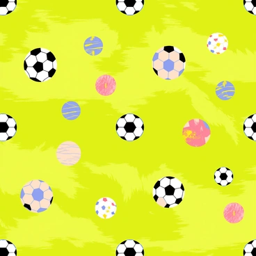 A seamless pattern design featuring several different soccer balls in various sizes and designs scattered across a vibrant green grass background. The soccer balls have distinct patterns, including black and white pentagons, colorful designs, and textured surfaces. The green grass has a lush and detailed appearance, with various shades of green, creating a dynamic and engaging visual effect. The entire composition is interconnected, crafting a continuous pattern that can be repeated seamlessly.