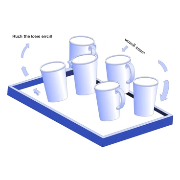 A tray is placed on a countertop, holding multiple cups. Each cup is cylindrical in shape with a handle, and they are arranged in a neat row on the tray. The tray has raised edges, preventing the cups from sliding off. Below the tray, the countertop surface is visible, showcasing its smooth texture. Arrows are drawn to indicate the normal force acting on each cup from the tray, demonstrating how the weight of each cup is balanced by the upward force exerted by the tray. The scene is well-composed, with clear positioning of each element.