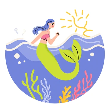 A mermaid with long flowing hair is partially submerged near a riptide. Her tail is a vivid shade of green, with shimmering scales that glisten in the sunlight. The water around her is a mix of deep blue and frothy white, swirling energetically as the riptide pulls. Bright seaweed and colorful coral are visible beneath the surface. The sun casts sparkling reflections on the water, creating a magical atmosphere around the mermaid.