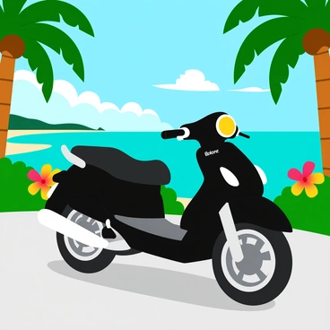 A sleek black motorbike is parked at a scenic overlook on a tropical island. The motorbike is positioned on a paved area surrounded by lush green palm trees. In the background, vibrant turquoise waters stretch out to meet a clear blue sky. Colorful tropical flowers bloom nearby, adding splashes of red and yellow to the scene. The sun casts warm light, highlighting the shiny metal of the motorbike and the vivid colors of the landscape.