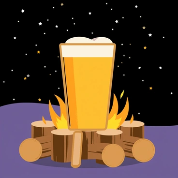 A clear pint glass filled with amber liquid sits on a wooden campfire table. The table is surrounded by several thick logs arranged in a semicircle. Above, a dark night sky is filled with numerous twinkling stars, casting soft light on the scene. The warm glow from the campfire creates a cozy ambiance, illuminating the glass and the surrounding logs.