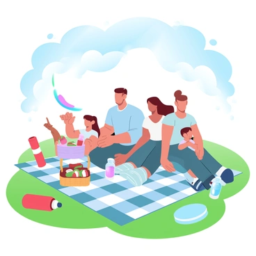 A family is sitting on a checkered picnic blanket spread out on a vibrant green lawn. The parents are surrounded by two children, both engaged in a game with a colorful flying disc. A picnic basket filled with various food items like sandwiches, fruits, and drinks sits beside them. Sunlight filters through the trees above, casting dappled shadows on the ground. A picnic setting is complete with a few colorful picnic items scattered around, such as a red thermos and a blue plate. A radiant blue sky with fluffy white clouds can be seen in the background.