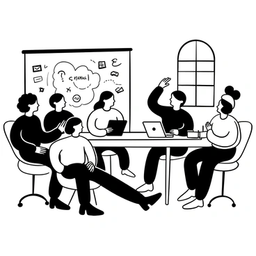 A diverse group of men and women seated around a large, rectangular table, engaged in a vigorous discussion. They are surrounded by notebooks, laptops, and sheets of paper filled with notes. Some individuals are gesturing with their hands while others are leaning forward, showing their interest in the ideas being shared. A whiteboard with diagrams and keywords stands in the background, capturing the essence of their brainstorming session. The room is designed for collaboration, with large windows allowing an abundance of natural light to enter.