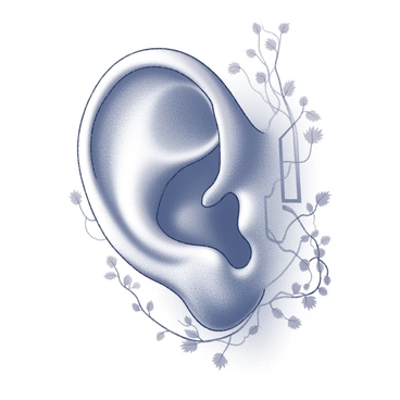 A close-up of a human ear displaying intricate circuit designs etched into the skin. The ear's curves and folds are highlighted, revealing the fine lines of the circuitry that intertwine seamlessly with the natural features. Surrounding the ear, there are subtle hints of organic elements, such as leaves or vines, merging with the technological aspects to create a harmonious blend of nature and technology. The overall image focuses on the detailed texture of the ear and the complexity of the circuit patterns.