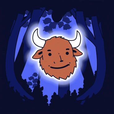 A bull head with prominent horns and a strong jawline is positioned at the center of the image. The bull head is detailed, showcasing textured skin and fierce eyes. Surrounding the bull head is a mystical glowing aura that emits a soft light, illuminating its features. In the background, a dark forest is visible, with silhouettes of tall trees creating a shadowy atmosphere. The forest is filled with dense foliage, and faint outlines of branches can be seen in the darkness.