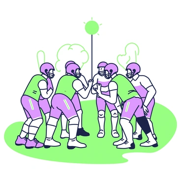 A sports team is gathered in a huddle on a grassy field. The players are wearing matching uniforms, with helmets and protective gear. Their expressions show focus and determination as they lean in closely together. One player, positioned at the center, is animatedly discussing the strategy, using hand gestures to emphasize key points. The sun is shining brightly, casting distinct shadows on the ground, and a few trees can be seen in the background, providing a sense of depth to the scene. The atmosphere conveys a sense of teamwork and preparation for the upcoming game.