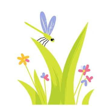 A dragonfly with iridescent green and blue wings is perched on a tall green blade of grass. The sun casts bright light, creating sparkling reflections on the dragonfly's wings. Surrounding the grass are soft, blurred patches of wildflowers in various colors, enhancing the vibrant scene. The background features a clear blue sky, indicating a warm and sunny day.