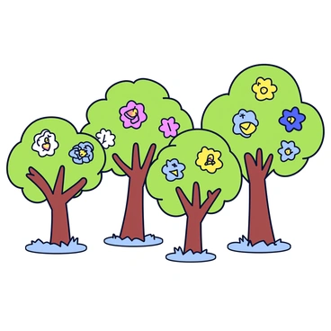 A garden filled with trees, each tree has branches adorned with colorful illustrations. The illustrations depict various subjects, such as animals, landscapes, and objects. Among the branches, feedback notes appear, resembling flowers in full bloom. These notes come in various shapes and sizes, with some shaped like petals and others like tiny blossoms. The leaves of the trees are a vibrant green, contrasting with the bright colors of the illustrations and notes. The ground is covered in soft grass, and the scene is peaceful and inviting.