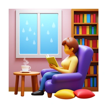 A person sitting comfortably in a cozy armchair, engrossed in a book. The person has brown hair and is wearing a soft sweater. They are positioned next to a large window, through which rain can be seen falling, creating droplets on the glass. The room is softly lit, with a warm, inviting atmosphere. A small table next to the chair holds a steaming cup of tea. A few cushions are scattered on the armchair, adding to the comfort of the scene. A bookshelf can be seen in the background, filled with various books.