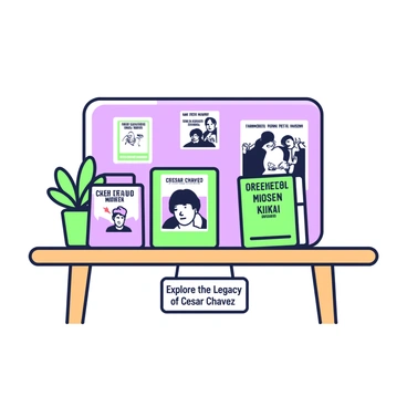 A bookstore display features an assortment of books about "Cesar Chavez's life and work." The display is arranged on a wooden table. There are five books prominently showcased, each with a distinct cover design related to "Cesar Chavez." On the left, there is a book with a photo of "Cesar Chavez" at a rally, while the middle book has an illustration of a farmworker. To the right, a book features quotes from "Cesar Chavez" in bold letters. Behind the table, there are posters depicting "Cesar Chavez" with a peaceful protest, along with a green potted plant on one side of the table. A small sign at the front reads "Explore the Legacy of Cesar Chavez."