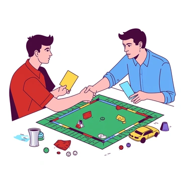 Two players are shaking hands over a green Monopoly board filled with colorful property cards. One player, wearing a red shirt, is holding a yellow property card in their left hand. The other player, dressed in a blue shirt, is holding a blue property card in their right hand. Surrounding them, there are various game pieces, including a silver thimble and a golden car. The players appear focused and engaged in their trade, with dice and player tokens scattered around the board.