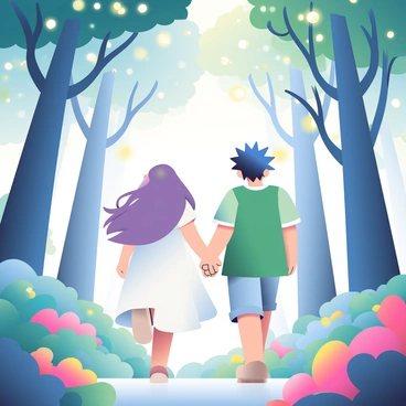 Two anime characters, a girl with long purple hair wearing a flowing white dress and a boy with spiky blue hair dressed in a green tunic, are walking hand in hand through an enchanted forest. The forest is filled with tall, slender trees with twisting branches and luminous leaves that seem to glow softly in various shades of blue and green. Surrounding them are small, glowing spirits that resemble ethereal orbs, flitting around the characters and illuminating their faces with gentle light. The ground is covered in vibrant, colorful flowers and patches of soft moss, creating a magical atmosphere as the sunlight filters through the canopy above.