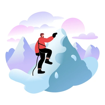 An adventurous climber is scaling a snowy mountain peak during sunrise. The climber is wearing a bright red jacket and black climbing gear, with a rope secured to the harness. Snow is glistening on the rocky surface, and the mountain is surrounded by jagged peaks in the distance. The sky is filled with gradient pastel colors, transitioning from deep purple to soft pink and orange as the sun rises. Wispy clouds are scattered across the horizon, adding texture to the sky.