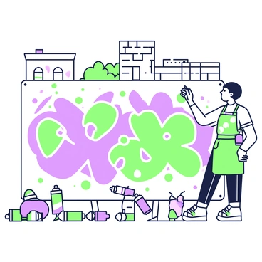 A street artist is actively painting a mural on a large, old wall in an urban setting. The artist has a focused expression and is wearing a paint-splattered apron. The mural features dynamic shapes and patterns that are being painted in vibrant colors. Scattered around the artist are various spray paint cans, some open and in use, while others are tipped over. In the background, urban elements such as brick buildings and a few trees are visible, adding to the city atmosphere. The wall's surface has visible cracks and peeling paint, contrasting with the fresh strokes of the new mural.