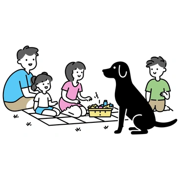 A black labrador sitting on a grassy area beside a checkered picnic blanket. The labrador has a shiny coat and is looking attentively at a family enjoying a meal. The family consists of four members: a man wearing a blue shirt and khaki shorts, a woman in a red dress, a girl with pigtails wearing a white t-shirt and denim shorts, and a boy in a green t-shirt and brown pants. They are seated around the picnic blanket, with a basket filled with food and drinks in the center. The scene captures a joyful atmosphere of togetherness and outdoor enjoyment.