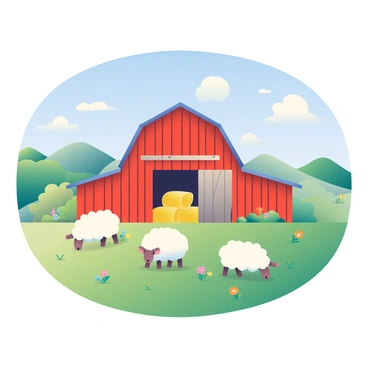 A rustic farm is situated in the Mallorca countryside, featuring a large red barn with a weathered wooden exterior. The barn has a sliding door that is partially open, revealing hay bales stacked inside. In the foreground, several fluffy white sheep are grazing on lush green grass, their woolly coats contrasting with the vibrant landscape. Surrounding the barn and sheep are rolling hills dotted with wildflowers in various colors. A clear blue sky stretches overhead, and a few fluffy white clouds are scattered throughout. The overall scene captures the essence of peaceful rural life.