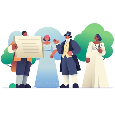 A group of four actors is standing in a park, all dressed in detailed period costumes from the 19th century. One actor, a man with dark skin, is holding a large proclamation scroll, and he is wearing a white shirt with a brown waistcoat and black trousers. A woman beside him, with light brown skin, is dressed in an elegant, floor-length light blue dress with lace details. A third actor, a man with medium skin, is wearing a black frock coat and a top hat, gesturing dramatically as he speaks. The fourth actor, a woman with dark curly hair, is wearing a cream-colored gown and holding a vintage fan, observing the scene with a look of determination. The background features lush green trees and a clear blue sky, adding to the historical atmosphere of the reenactment.