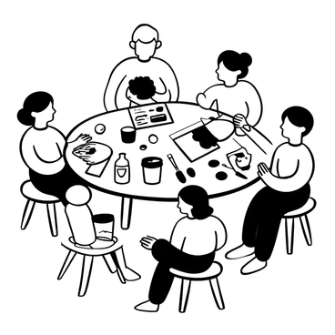 A group of children sitting around a wooden table, each focused on their individual art projects. One child is holding a paintbrush covered in black paint, while another is mixing white paint in a small bowl. A variety of art supplies are spread across the table, including jars of paint, brushes of different sizes, and sheets of paper. Some children are actively painting, while others are chatting and sharing ideas. The atmosphere is lively and filled with creativity, as pages filled with drawings and paintings are visible in front of each child.