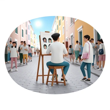 A street artist is sitting on a wooden stool in Montpellier, focused on sketching portraits. The artist is wearing a black beret, a white shirt, and blue jeans. In front of them is an easel holding a large sketch pad filled with completed portraits. Surrounding the artist, several passersby are watching, some standing with curious expressions and others stopping to admire the artwork. The sun is shining brightly, casting soft shadows on the cobblestone street. Colorful buildings line the street, adding to the lively atmosphere.