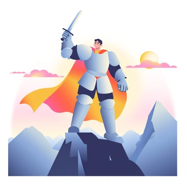 A valiant knight in shining armor is standing triumphantly on a mountain peak. The knight has short, dark hair and a determined expression on his face. The armor reflects the warm hues of the sunset, which casts an orange and pink glow across the sky. The knight's right arm is raised high, holding a gleaming sword, while his left hand rests on the hilt of a sheathed sword at his side. Below, rocky cliffs and distant valleys create a dramatic landscape, and a few clouds are streaked with the colors of the setting sun. The knight's cape billows gently in the breeze, adding to the sense of triumph.