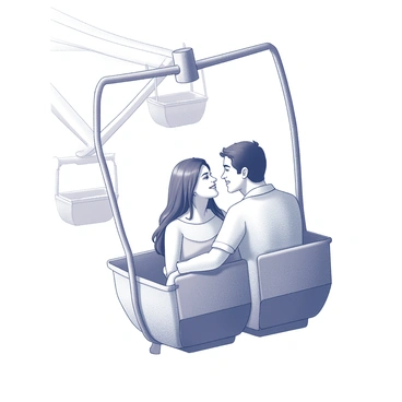 A couple sitting in a gondola of a Ferris wheel, enjoying a romantic moment. The man has dark hair and is wearing a casual shirt. The woman has long hair and is wearing a light dress. They are gazing into each other's eyes, smiling softly. The gondola is surrounded by a metal framework of the Ferris wheel, with other gondolas visible at various heights. The scene captures a sense of intimacy as the couple leans closer together, framed against the structure of the ride.