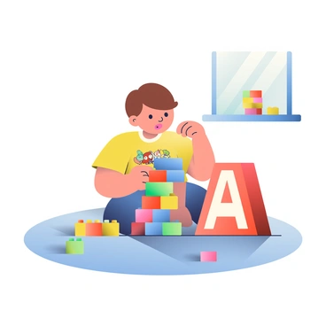 A child with short brown hair is sitting on a soft, light blue carpet, carefully constructing a tower with colorful building blocks. The blocks are in various vibrant colors, including red, yellow, blue, and green. The child is focused, with their tongue slightly sticking out, and they are wearing a yellow t-shirt with cartoon animals printed on it. Next to the child, there is a large red block with the letter "A" on it, and several other scattered blocks around them, ready to be used for building. Sunlight is streaming in from a nearby window, casting soft shadows on the carpet.