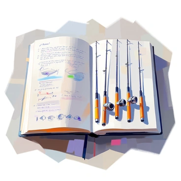 A journal page is opened to reveal several detailed sketches of fishing rods, each illustrated with varying designs and lengths. The page is filled with handwritten notes describing specific fishing spots, with annotations indicating locations, types of fish, and personal tips. There are small doodles of fish and waves interspersed among the notes, adding character to the sketches. The edges of the page are slightly curled, suggesting frequent use, and a faint coffee stain is present in one corner, adding to the journal's charm.
