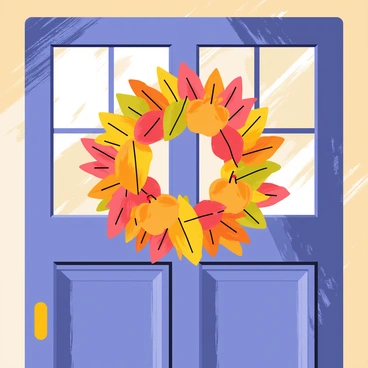 A front door with a wooden texture is adorned with a "beautiful autumn wreath." The wreath is made of various "colorful leaves" in shades of red, orange, and yellow. There are clusters of "bright red berries" interspersed throughout the leaves. Small "orange pumpkins" are positioned within the wreath, adding a festive touch. The door itself is painted a deep shade of blue, contrasting with the warm colors of the wreath. "Golden sunlight" filters through, casting soft shadows around the entrance.