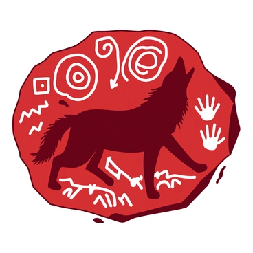 A red cave painting features a howling wolf with its mouth open, positioned prominently in the center. The wolf's fur is depicted in a darker shade of red, emphasizing its muscular form. Surrounding the wolf are various tribal symbols, painted in a contrasting shade of white, including spirals, zigzags, and handprints. The symbols are arranged in a circular pattern around the wolf, creating a sense of movement and energy. The texture of the cave wall can be seen, adding depth and an ancient feel to the artwork.