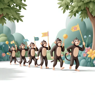 A group of monkeys, each with varying shades of brown and black fur, is marching in a line through a bright, colorful forest. Each monkey is holding a tiny flag with different patterns and colors, showcasing their playful demeanor. The forest is filled with vibrant green leaves and a variety of colorful flowers in shades of red, yellow, and blue. Sunlight filters through the trees, creating dappled patterns on the ground. The monkeys are animated, with some chattering and others playfully swinging from branches as they make their way through the scene.