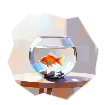 A clear glass fish bowl sits on a simple wooden table. Inside the bowl, there is a single vibrant orange goldfish swimming gracefully. The water is crystal clear, creating a serene view of the fish’s movements. There are a few smooth pebbles at the bottom of the bowl, providing a natural element to the scene. Above the bowl, soft light filters in, casting gentle reflections on the glass surface.