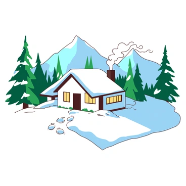 A white cabin with smoke gently billowing from its chimney is nestled in a landscape of glistening snow. Surrounding the cabin, tall green pine trees create a natural barrier, their branches adorned with a thick layer of snow. The cabin's windows emit a warm golden light, contrasting with the cold tones of the snow. In the foreground, a path leading to the cabin is traced by fresh footprints, indicating a recent visitor. The backdrop features majestic mountains, their peaks capped with snow, adding to the tranquil atmosphere of the scene.