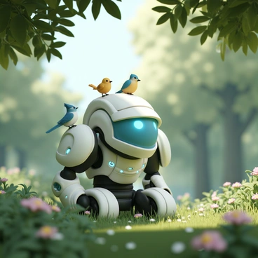A Bastion character, designed with a sleek, mechanical exterior, is positioned in a lush green forest. Its body features intricate details of metallic armor and glowing accents. The Bastion is quietly observing the vibrant nature surrounding it, with sunlight filtering through the thick canopy of leaves above. Several colorful birds, including a blue jay and a small yellow finch, are perched on its shoulder, adding a touch of life to its robotic form. The forest floor is covered in rich, green foliage and scattered wildflowers, creating a lively backdrop for the scene. The overall atmosphere conveys a sense of harmony between technology and nature.