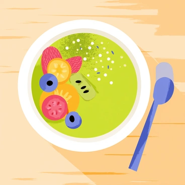 A vibrant smoothie bowl with a smooth, green base made from blended fruits and vegetables. The bowl is topped with a generous sprinkling of green matcha powder. Brightly colored fruits, including sliced strawberries, blueberries, and kiwi, are arranged artfully on the surface. Small seeds, such as chia and sunflower seeds, are scattered across the top for added texture. The bowl is placed on a wooden table, with a spoon resting beside it.