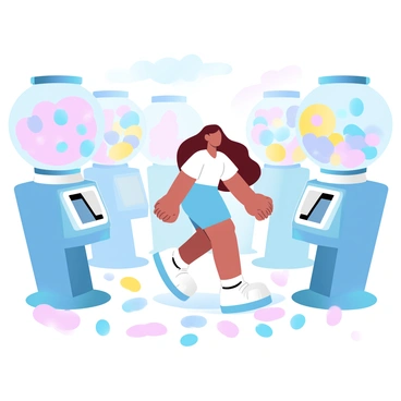A girl named "Violet" is walking through a candy factory. She is surrounded by large gum machines that are filled with various types of gum. The machines display vibrant colors of pink, blue, and yellow. On the floor, there are an array of colorful confections, including lollipops, gummy bears, and chocolate bars scattered around her. Brightly colored candy wrappers sparkle as they catch the light. In the background, large jars filled with different candies can be seen, adding to the whimsical atmosphere of the factory.