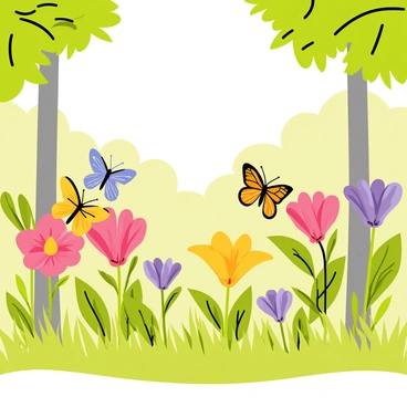 A forest clearing filled with vibrant blooming flowers in various colors, including pink, yellow, and purple. Several butterflies with intricate patterns and bright wings are delicately perched on the flowers. The butterflies include species with blue, orange, and yellow wings, showcasing their detailed markings. Green leaves and soft grass surround the flowers, adding to the natural setting. Sunlight filters through the trees, casting gentle shadows on the ground.