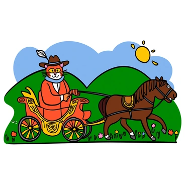 A cartoon illustration of "Puss in Boots", a anthropomorphic cat with light fur, wearing a wide-brimmed hat, a feather, and leather boots. He is sitting confidently in a luxurious carriage adorned with intricate gold details. The carriage is drawn by a pair of elegant horses. The scene is set in a vibrant countryside with rolling green hills, colorful wildflowers, and a clear blue sky. The sun is shining, casting warm light on the landscape as Puss in Boots holds the reins, looking ahead with a determined expression.